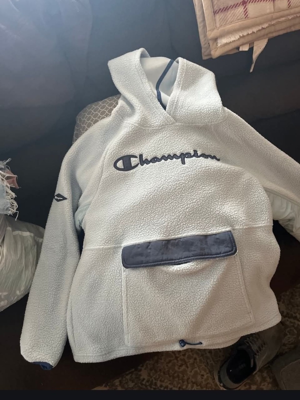 Champion Light Gray Sherpa Hoodie with Navy Accents